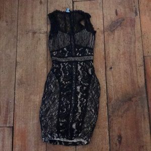 Bebe Black and Nude Lace Body Con Dress XXS